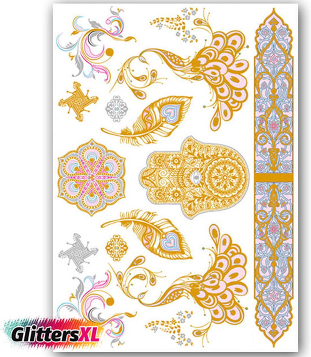 GlittersXL - Temporary Tattoo Goud/Gold (11x6cm) [Neptattoo Ibiza Turquoise - Tijdelijke tatoeage - Nep Fake Tattoos - Water overdraagbare festival sticker henna outfit tattoo - Glitter tattoo - Volwassenen Kinderen Jongen Meisje]